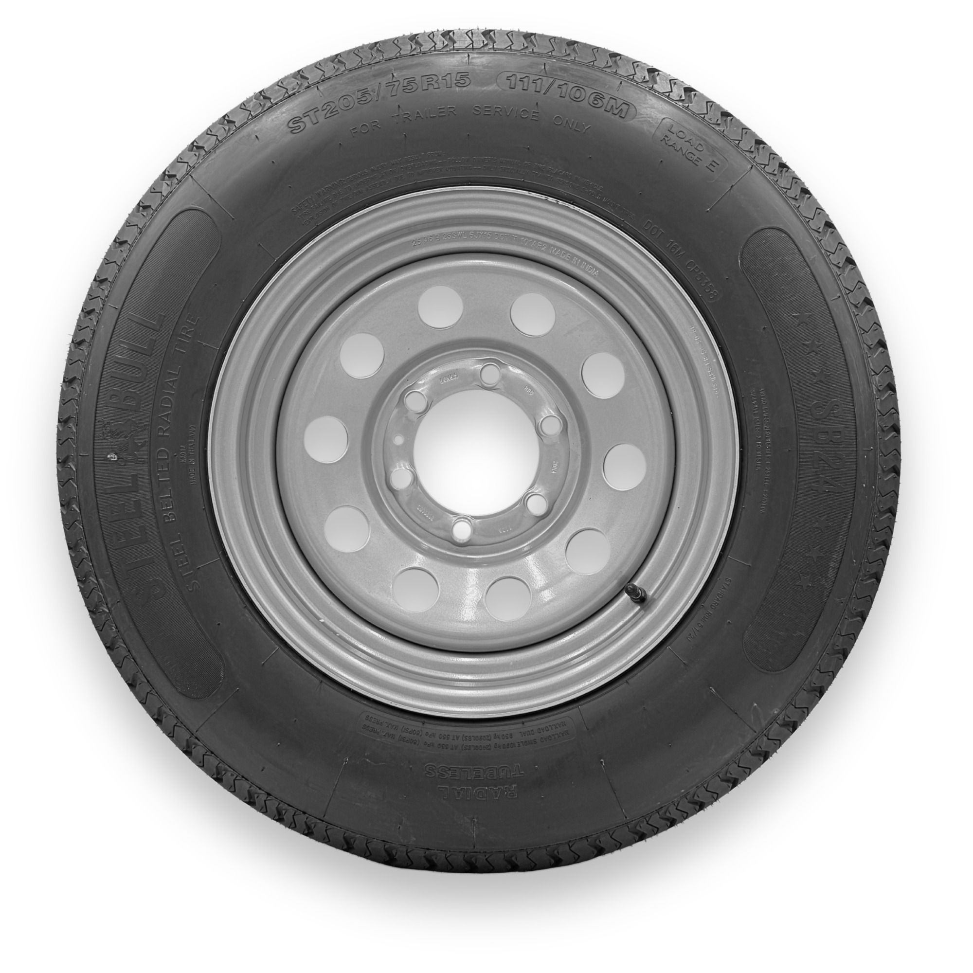 SteelBull ST225/75R15 8 Ply TL Highway Rib Tire on a 6 on 5.5 Bolt Silver Eight Spoke Wheel